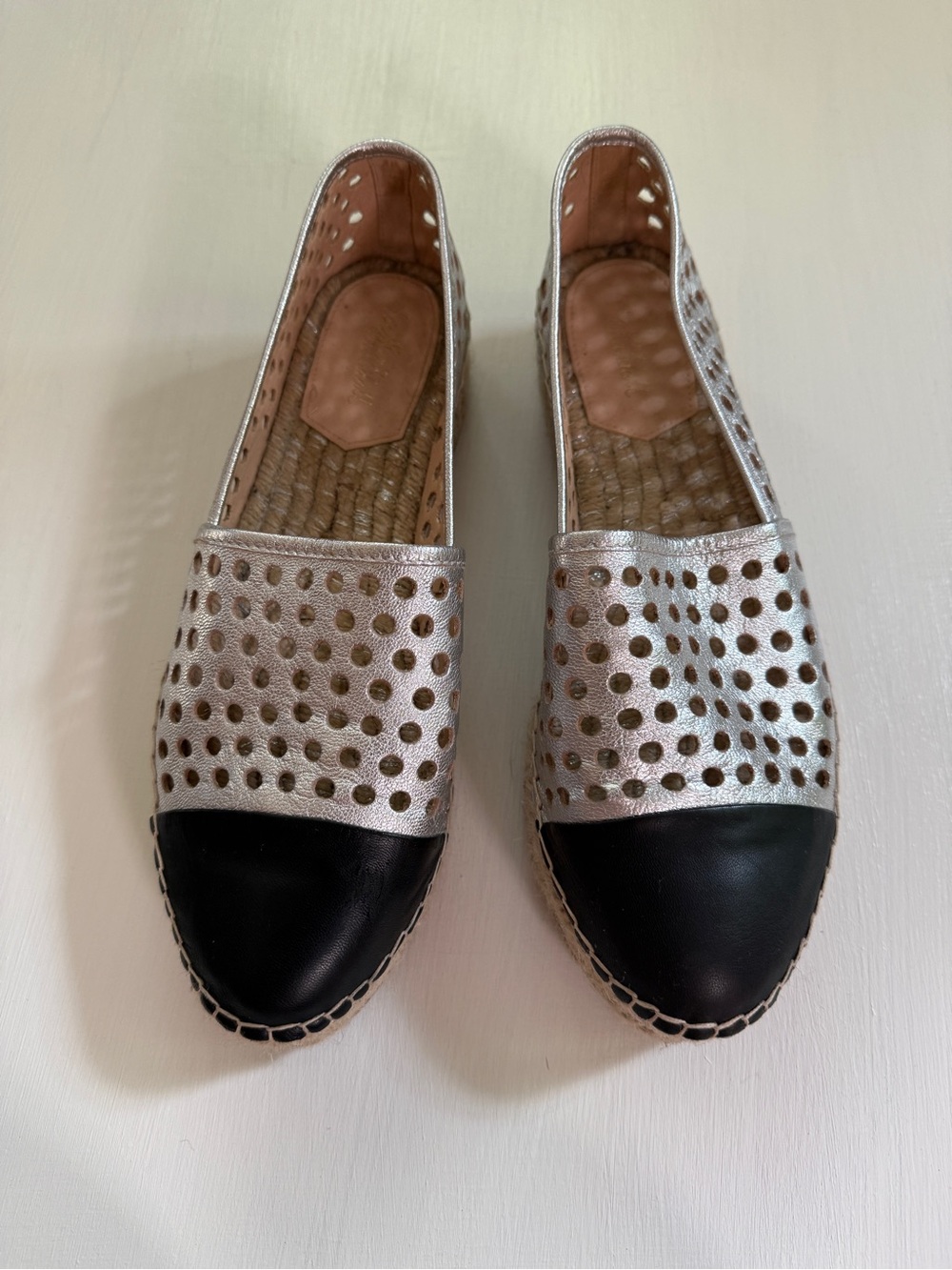 Loeffler Randall Mara Perforated Leather Espadrille Flats Silver Black Size 9.5